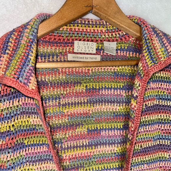 Vintage SIGRID OLSEN Sport Hand Knit Rainbow Cardigan Sweater L Cotton Linen Y2K - Picture 3 of 9